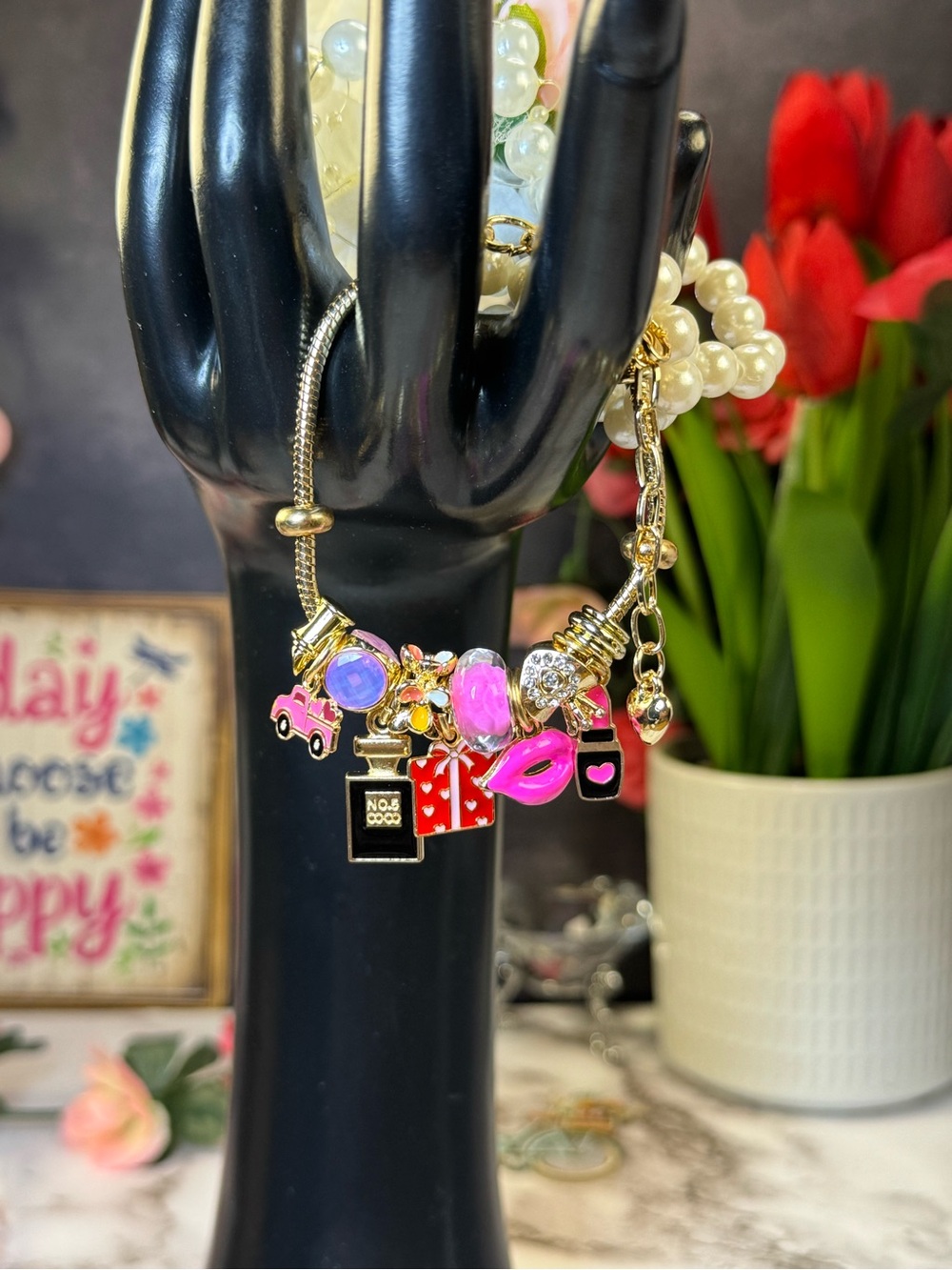 Gold-Tone Pink Charm Bracelet with Lipstick & Perfume Charms - Picture 2 of 2